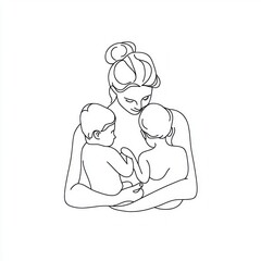 Simple line drawing of a mother holding two children in her arms Generative AI