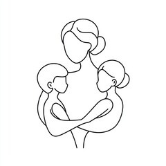 Simple line drawing of a mother holding two children in her arms Generative AI