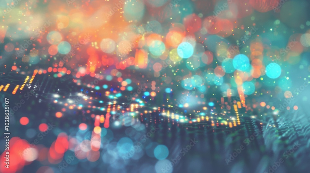 Poster vibrant abstract image combining colorful bokeh lights with soft digital patterns, creating a dreamy