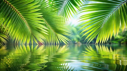 Obraz premium Palm leaves reflected in water with selective focus, symmetrical