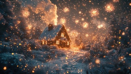 Snowy cabin in the woods with fireworks lighting up the winter sky, warm glowing windows, and falling snow Generative AI