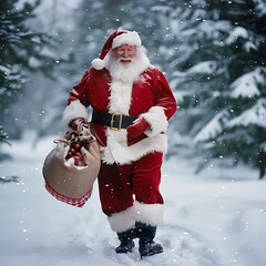 Santa Claus Walking Through a Snowy Winter Scene