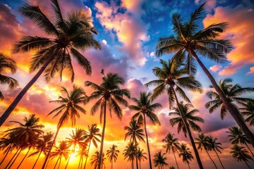 Palm trees isolated with sunset sky in background captured low angle Bird Eye View