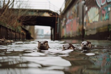 Trio of otters glide effortlessly down a canal beneath a graffiti-adorned cityscape, gracefully navigating their urban environment.