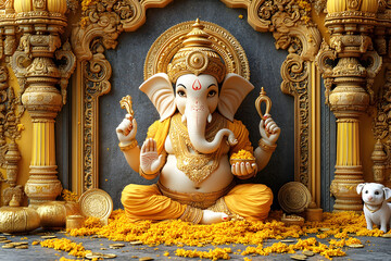 Ganesh Chaturthi festival, traditional india patterns. Lord Ganesha the God of Wealth, with yellow flowers, luxury elements