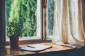 A leafy green plant sits by an open window, with sunlight gently illuminating a serene room and its inviting ambiance.