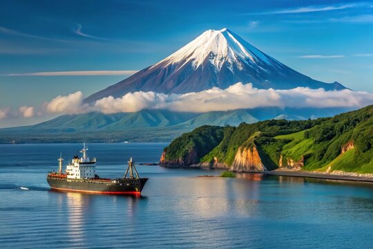 Panorama of Avacha Bay in Kamchatka with volcano, cargo ship, sea, cliffs, trees