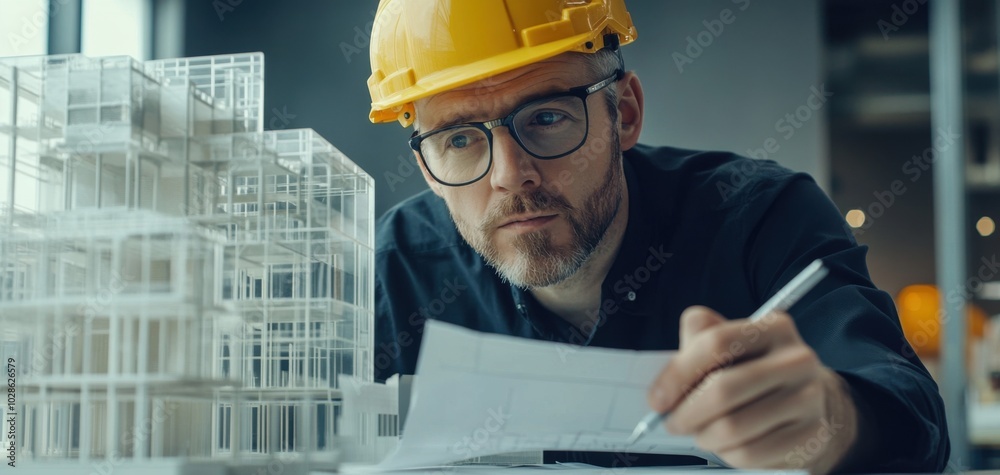 Poster Architect in a yellow helmet and glasses studies the blueprints of a white model of a building. He holds a pen in his hand and works on a plan for a construction project of a modern building complex