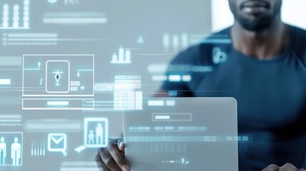 Man working with futuristic digital interface and holographic data elements