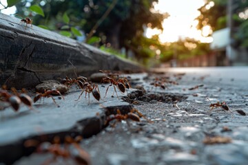 A line of ants marches along a roadside curb at sunrise, embodying collective effort against a vibrant backdrop of urban life awakening.