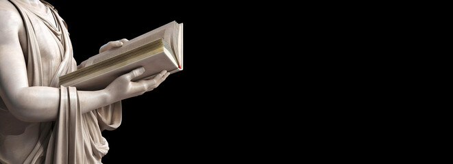 Extreme close-up of the marble hands of an ancient Greek or Roman marble statue holding an open book isolated on black background with copy space. Reading antique book concept. Generative Ai.