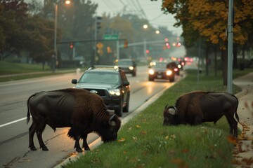Majestic bison graze calmly by a city street amid dawn's soft light, merging the rustic with the urban in a surreal wildlife encounter.