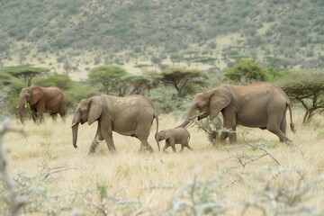 A family of elephants strolls through the vast savanna, their majestic presence framed by acacia trees and distant hills under a serene sky.