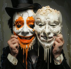 A man in a suit and top hat holds up one mask with an orange smile, while the other is melting white on his face. The colors of both masks have drips running down their faces.