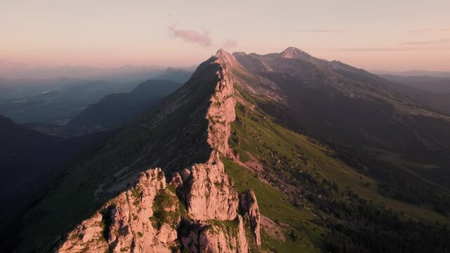 Aerial footage of the sunrise over the Vercors massif range in the French Prealps, France