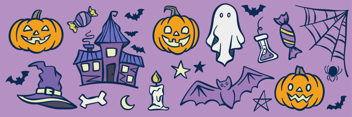 Halloween graphics, cute cartoon vector clip art set, festive pumpkin lanterns and other decorative elements, hand drawn banner design