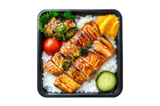 Grilled fish bento box with rice and pickled vegetables on a transparent background