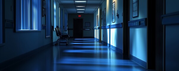 Atmospheric night in a hospital corridor with subdued lighting and serene vibes.
