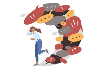 Information overload causes panic in woman fleeing wave of dialogue bubbles and conversation clouds. Girl is trying to use information detox and temporary refusal to receive correspondence