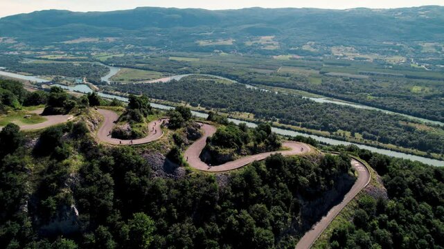 Aerial footage of the Lacets du Grand Colombier in Culoz town in the Ain department, France