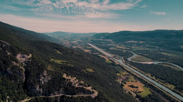 Aerial footage of the Lacets du Grand Colombier in Culoz town in the Ain department, France