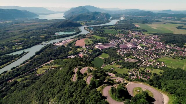 Aerial footage of the Lacets du Grand Colombier and the town of Culoz in the Ain department, France