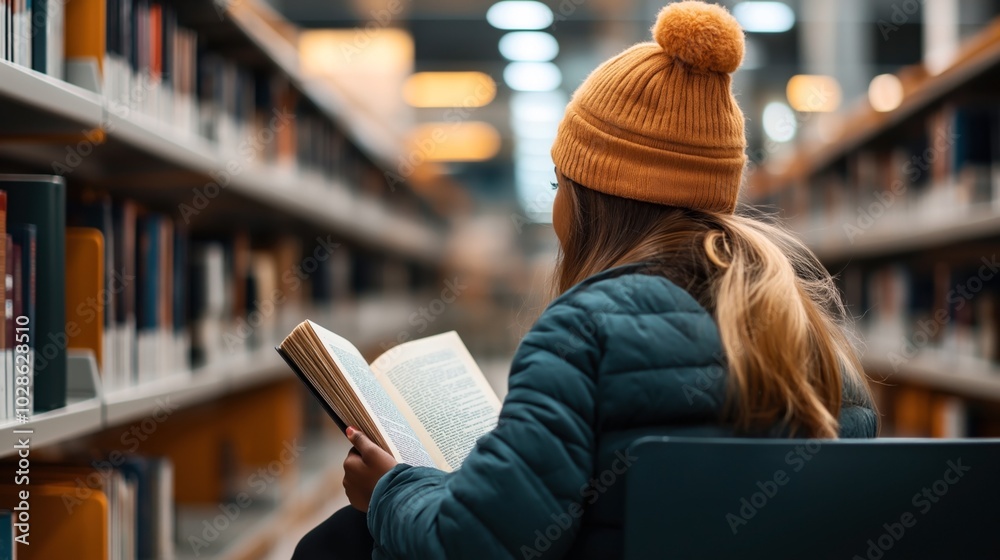 Poster Person in a cozy hat and coat reading a book while seated in a library aisle with shelves of books in the background.