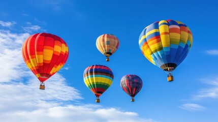 Fototapeta premium Hot air balloons in bright hues float gracefully across the sky, creating a picturesque scene under the soft light of a sunny day.