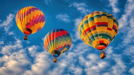 Naklejka premium Hot air balloons in bright hues float gracefully across the sky, creating a picturesque scene under the soft light of a sunny day.