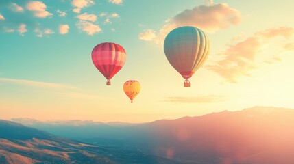 Fototapeta premium Hot air balloons in bright hues float gracefully across the sky, creating a picturesque scene under the soft light of a sunny day.