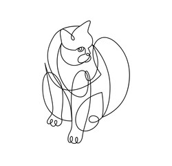 Nice cute cat linear vector illustration, line art drawing of pussycat relaxing, artistic outline minimal sketch of fat and lazy cat.