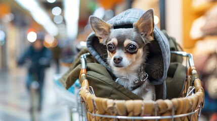 chihuahua sitting in a bicycle basket at the mall
