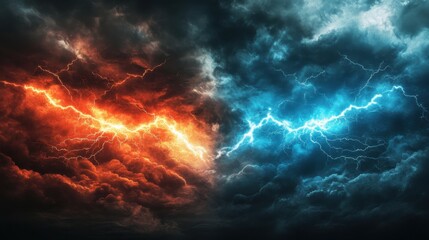 Intense battle between red and blue lightning bolts clashing in a stormy sky, energy and power crackling through the air in an epic fight