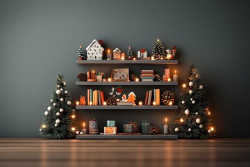 Festive shelf display with Christmas decorations and sparkling lights.
