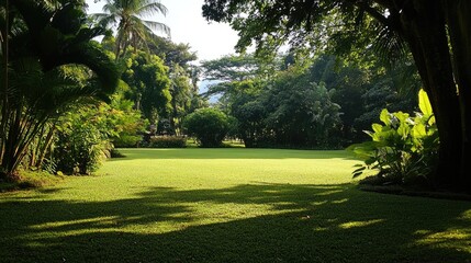 Lush Green Landscape with Tropical Foliage and Shadows