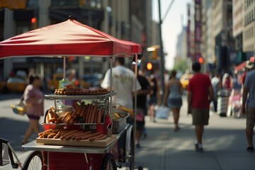 A bustling street scene with a vibrant hot dog stand under a red canopy, surrounded by blurred pedestrians and the lively hum of city life.