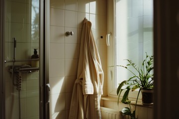 Sunlight softly illuminates a cozy bathroom corner, highlighting a beige bathrobe and vibrant green plant against the backdrop of cream tiles.
