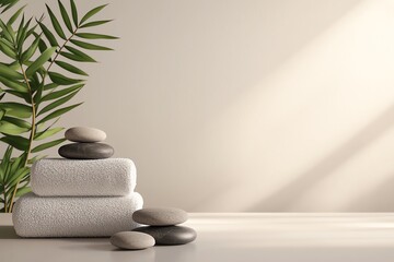 Spa essentials with towels, stones, and green plant on neutral background