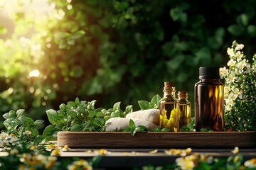 Essential oils and herbal ingredients on a wooden tray in a lush green setting.
