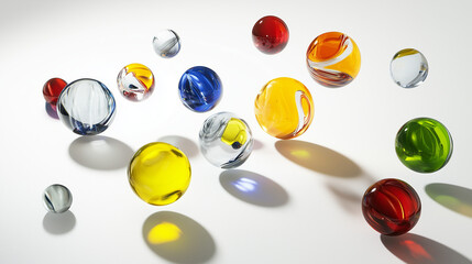 Multicolored Glass Marbles Floating In Space Clean And Glossy Design Detailed Reflection