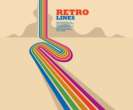 Linear vector abstract background in all colors of rainbow, retro style lines in 3D dimensional perspective, vintage poster art.