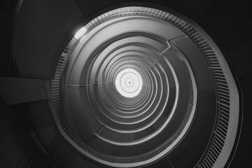 A spiraling staircase shot from below, capturing the endless geometric elegance enmeshed in its intricate design.