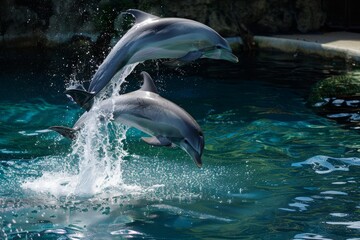 Fototapeta premium Dolphins elegantly leap in unison, splashing through crystal-clear water, showcasing grace and playful camaraderie under the sunny sky.