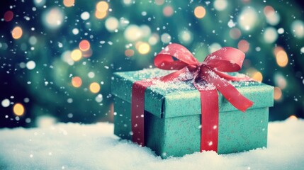 Beautifully Wrapped Christmas Gift Box in Snow