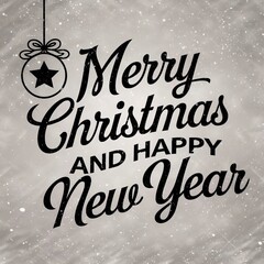 A festive greeting card design featuring the phrases "Merry Christmas" and "Happy New Year" with decorative elements, set against a snowy background.
