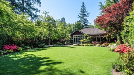 Lush Garden with Colorful Flowers and Green Lawn