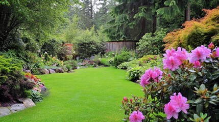 Lush Green Garden with Vibrant Flowers