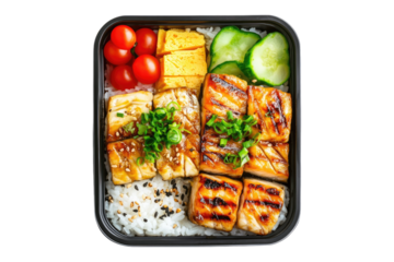 Grilled fish bento box with rice and pickled vegetables on a transparent background