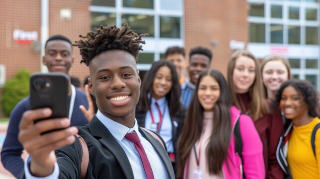 Diverse group of students taking a selfie outside a school building
