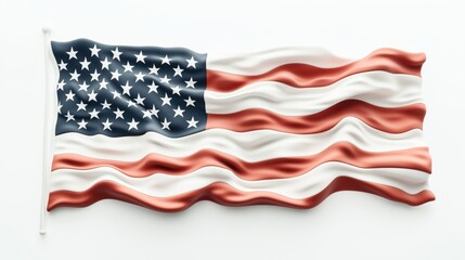 Fototapeta premium Rippled flag with stars and stripes design in red, white, and blue colors, symbolizing a national identity with a dynamic and flowing appearance on a light background.